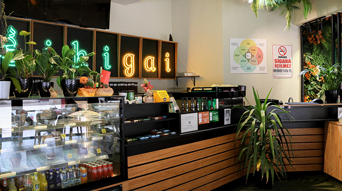 İkigai Coffee House iç mekan ve tatlı dolabı