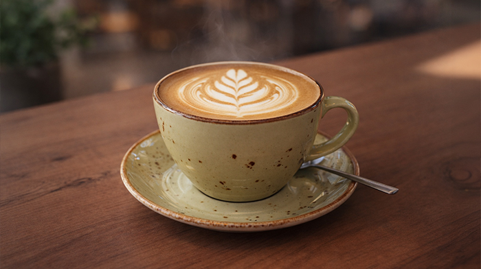 İkigai latte art sıcak kahve sunumu